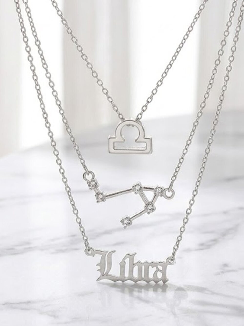 Silver Libra Triple Birth Constellation Necklace